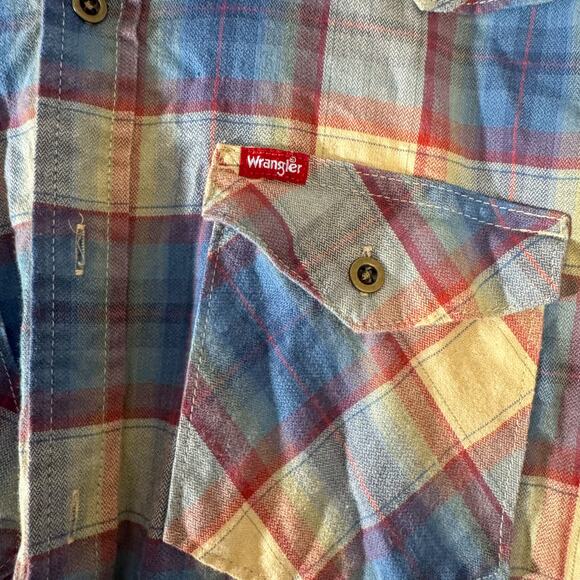 Wrangler Western Plaid Flannel Shirt | Blue, Red, Yellow Stretch Cotton Blend - Picture 2 of 6